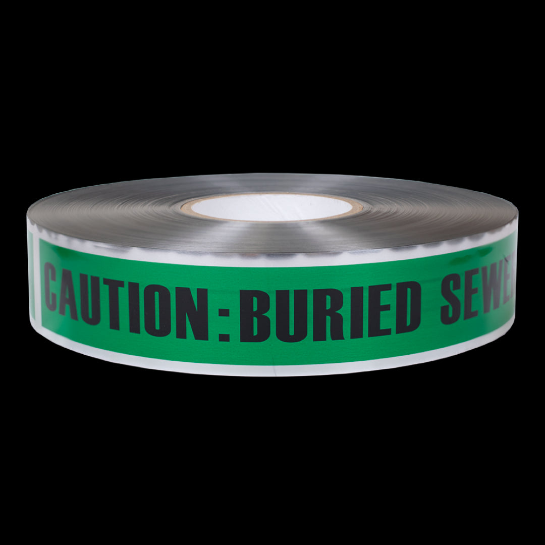Vibrant green sewer line warning tape, 333m long, durable, with bold black text for high visibility and utility marking.