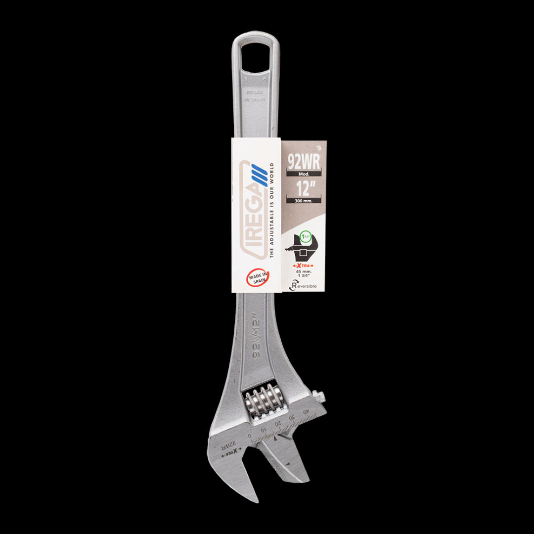 IREGA Reversible Jaw Adjustable Wrench, 300mm x 45mm, made of Chrome Vanadium Steel, ideal for mechanics and plumbers.