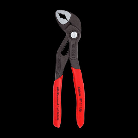 KNIPEX 150mm Cobra® pliers featuring push-button adjustment, self-locking grip, and high-quality chrome vanadium steel for durability.