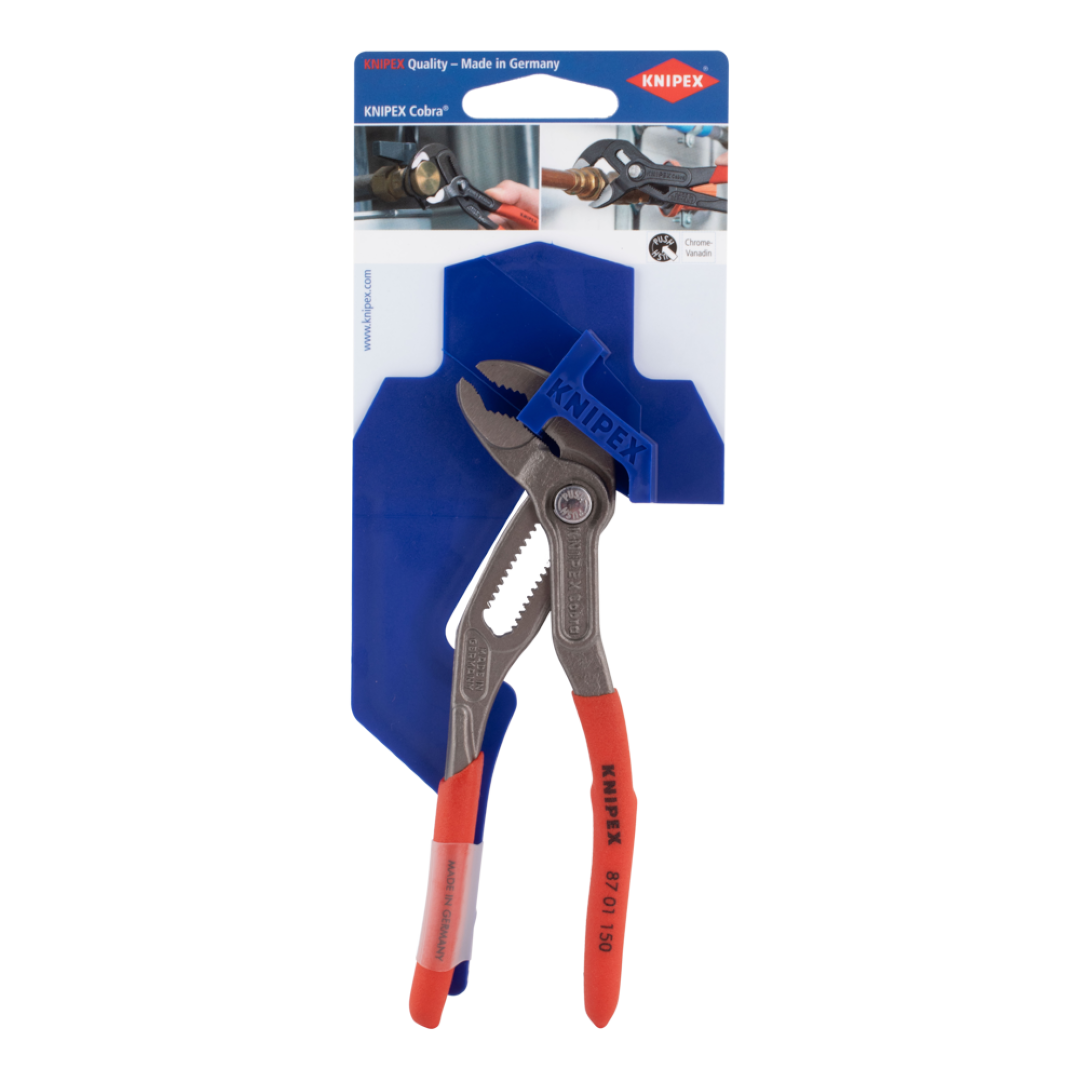 KNIPEX 150mm Cobra® pliers with push-button adjustment for versatile gripping of pipes and nuts, featuring durable chrome vanadium steel.