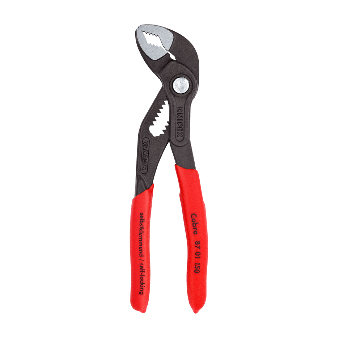 KNIPEX 150mm Cobra® pliers with push-button adjustment, self-locking grip, and durable chrome vanadium steel construction.