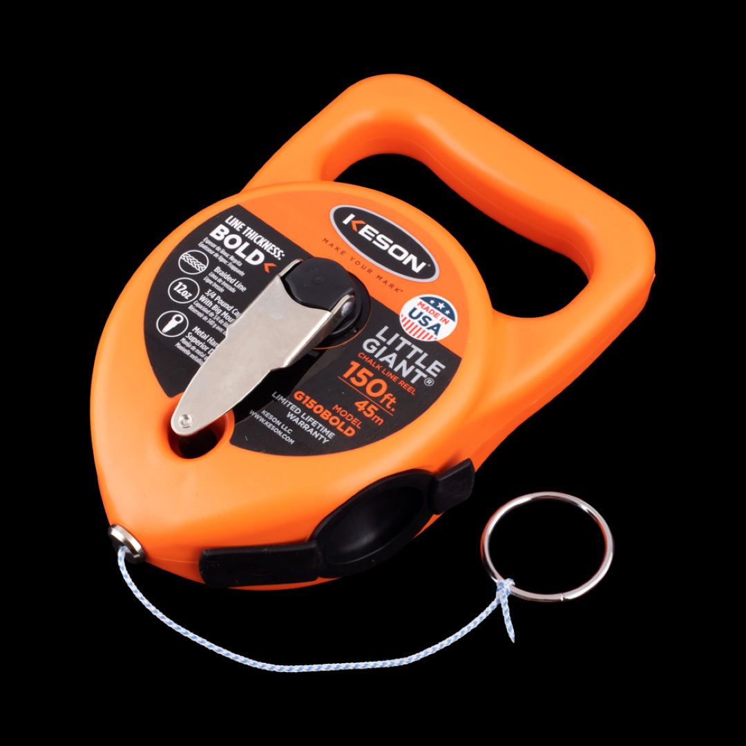 KESON 45m Bold String Chalk Line Reel with durable ABS housing and bold, visible braided cotton string for precise measurements.
