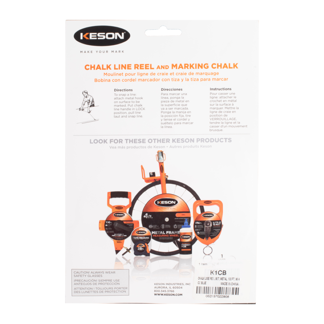 KESON Chalk Line Reel with blue chalk, lightweight aluminum design for precise straight line marking, ideal for carpenters and DIY projects.