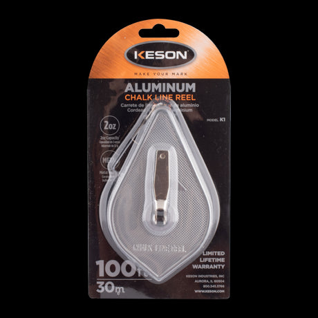 KESON 30m Chalk Line Reel with aluminum housing and twisted poly string for accurate measurements in carpentry and construction.