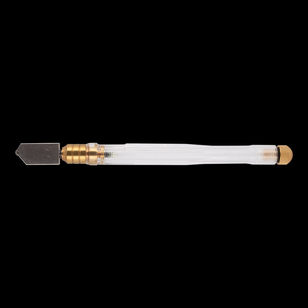 K-STAR Oil-Feed Glass Cutter with clear handle and tungsten carbide blade for precise, clean glass cuts.