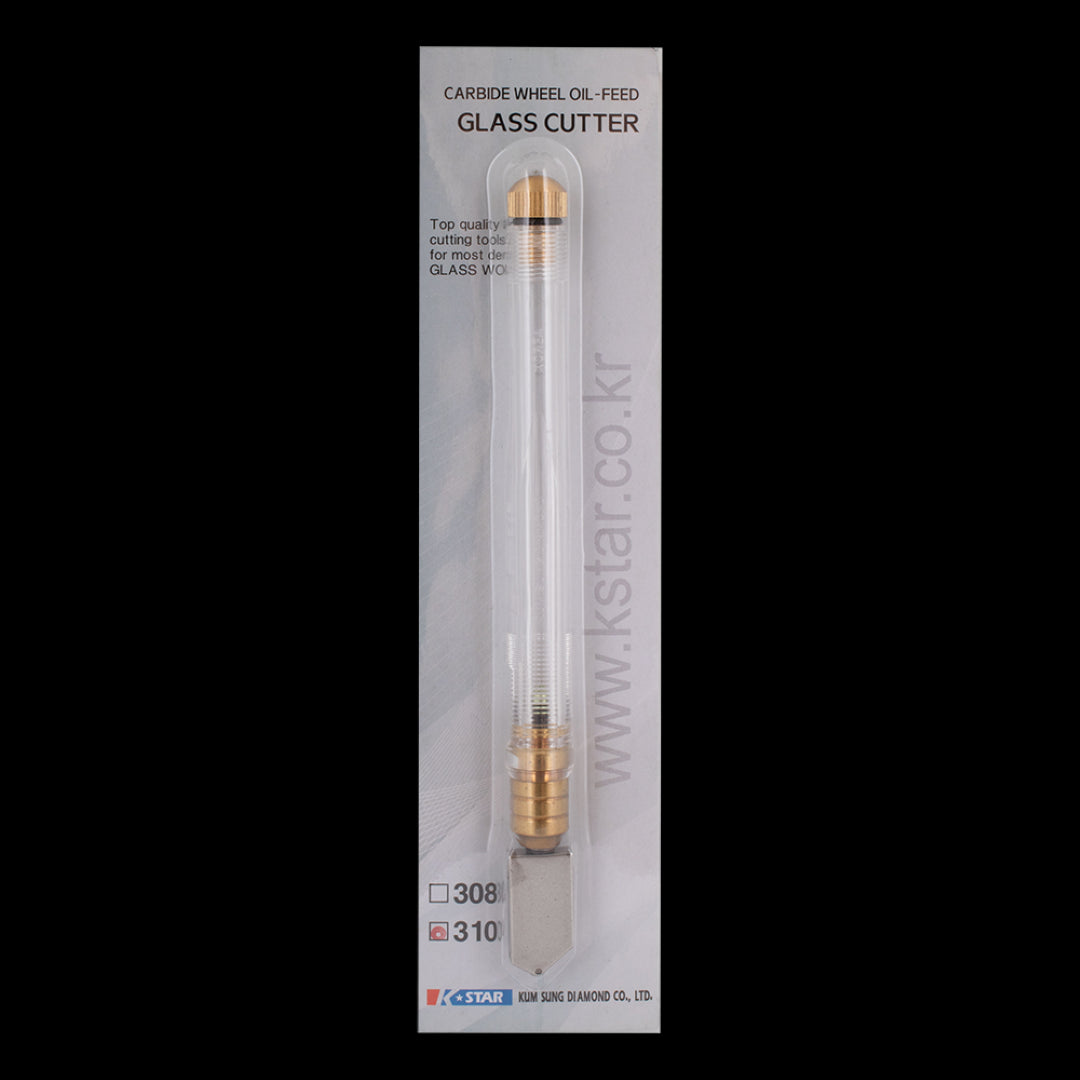 K-STAR Oil-Feed Glass Cutter featuring a clear ergonomic handle, tungsten carbide blade, and customizable oil-feed system.
