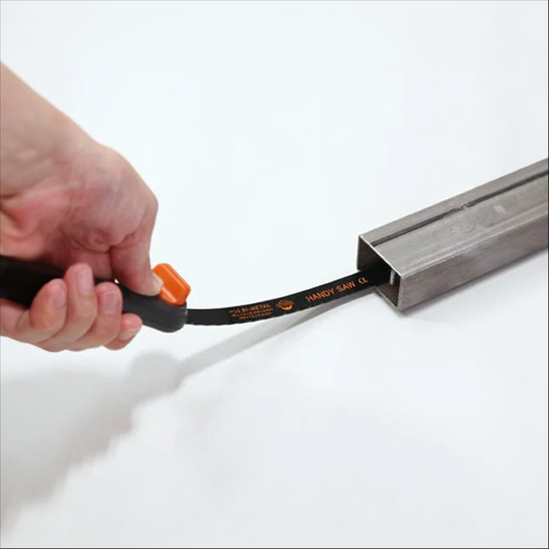 KANZAWA Handy Saw with bimetallic blade, flexible body, and die-cast handle for precise cutting in tight spaces.