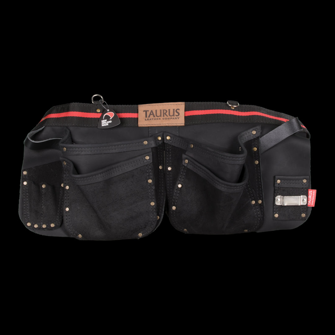 Premium full grain leather split apron with adjustable straps and spacious pockets for efficient tool storage.