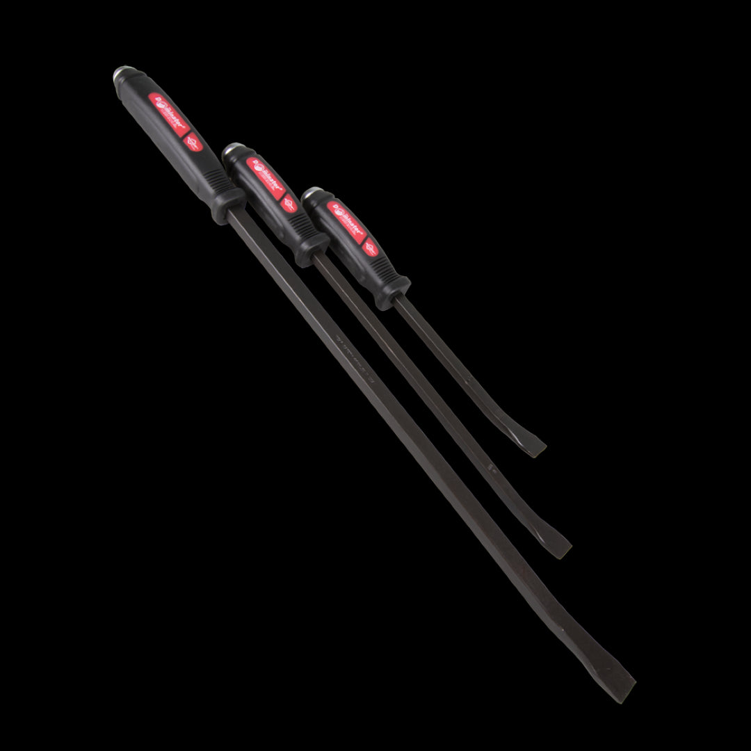 MAYHEW Dominator Pry Bar Set: 3 durable pry bars with chisel ends, comfortable grips, and striking caps for effective prying tasks.