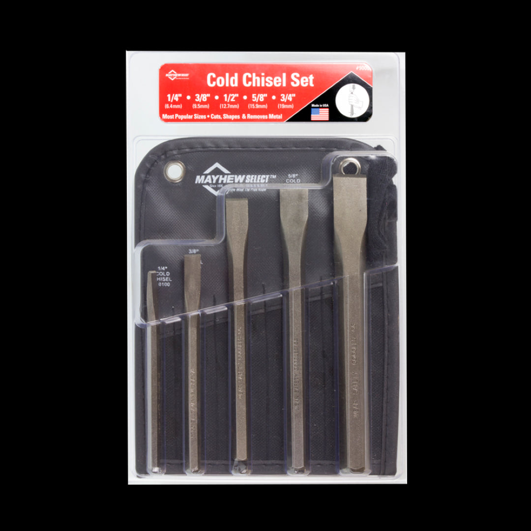 MAYHEW 5-piece cold chisel set with durable pouch, featuring high-grade steel construction and secure octagon grips.