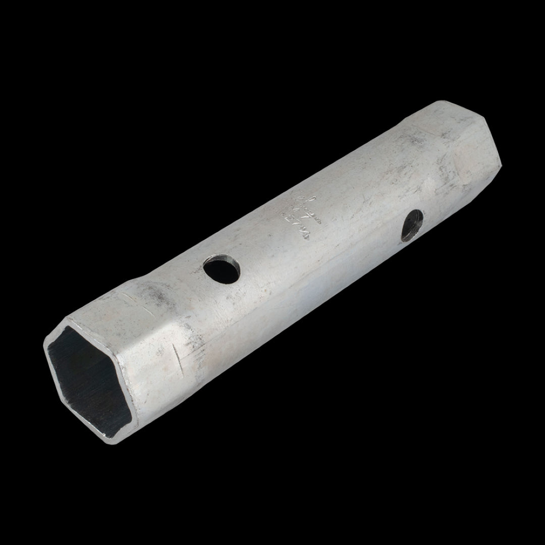 MELCO ISO Double Ended Tube Spanner, 24mm x 27mm, dual hexagonal design for tight spaces, heavy gauge steel, T-bar operation.