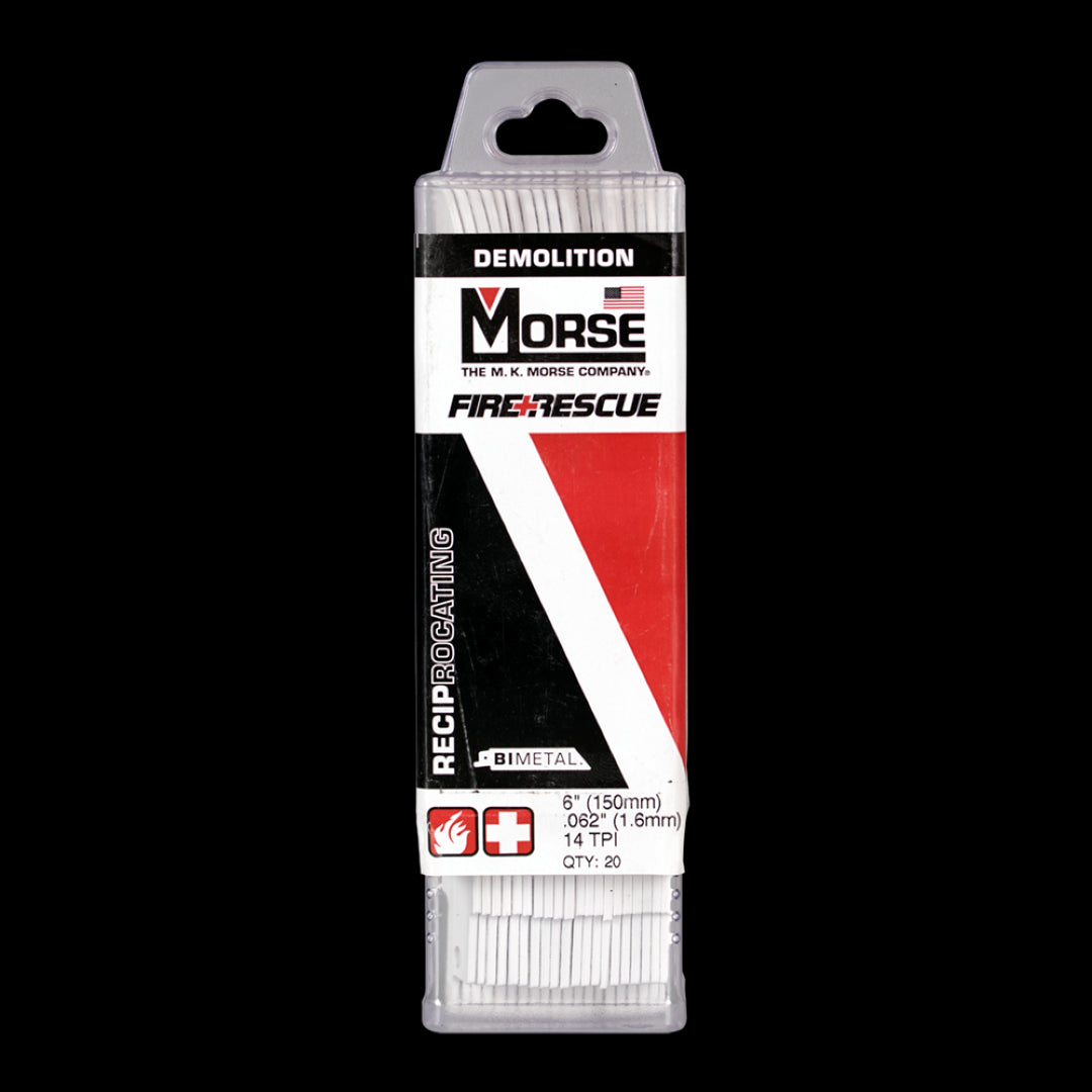 MORSE Fire+Rescue Reciprocating Saw Blades, 14tpi, 152mm, 20 pack, engineered for durable metal and wood cutting.