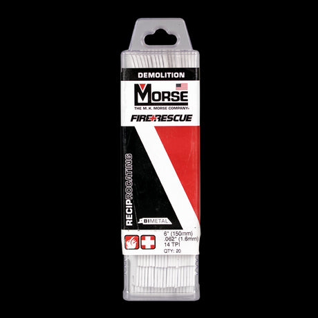 MORSE Fire+Rescue Reciprocating Saw Blades, 14tpi, 152mm, 20 pack, engineered for durable metal and wood cutting.