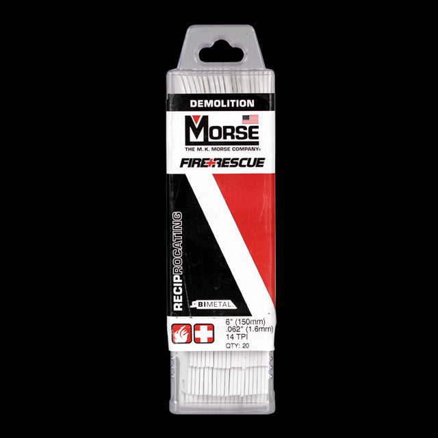 MORSE Fire+Rescue Reciprocating Saw Blades, 14tpi, 152mm, 20 pack, engineered for durable metal and wood cutting.