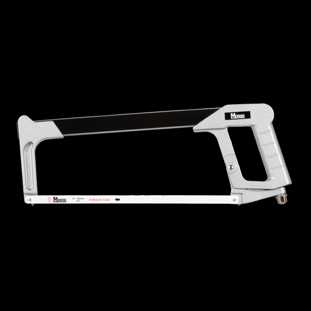MORSE 300mm Pro Hacksaw Frame with bi-metal blade, built-in storage, and adjustable tension for precise cutting.