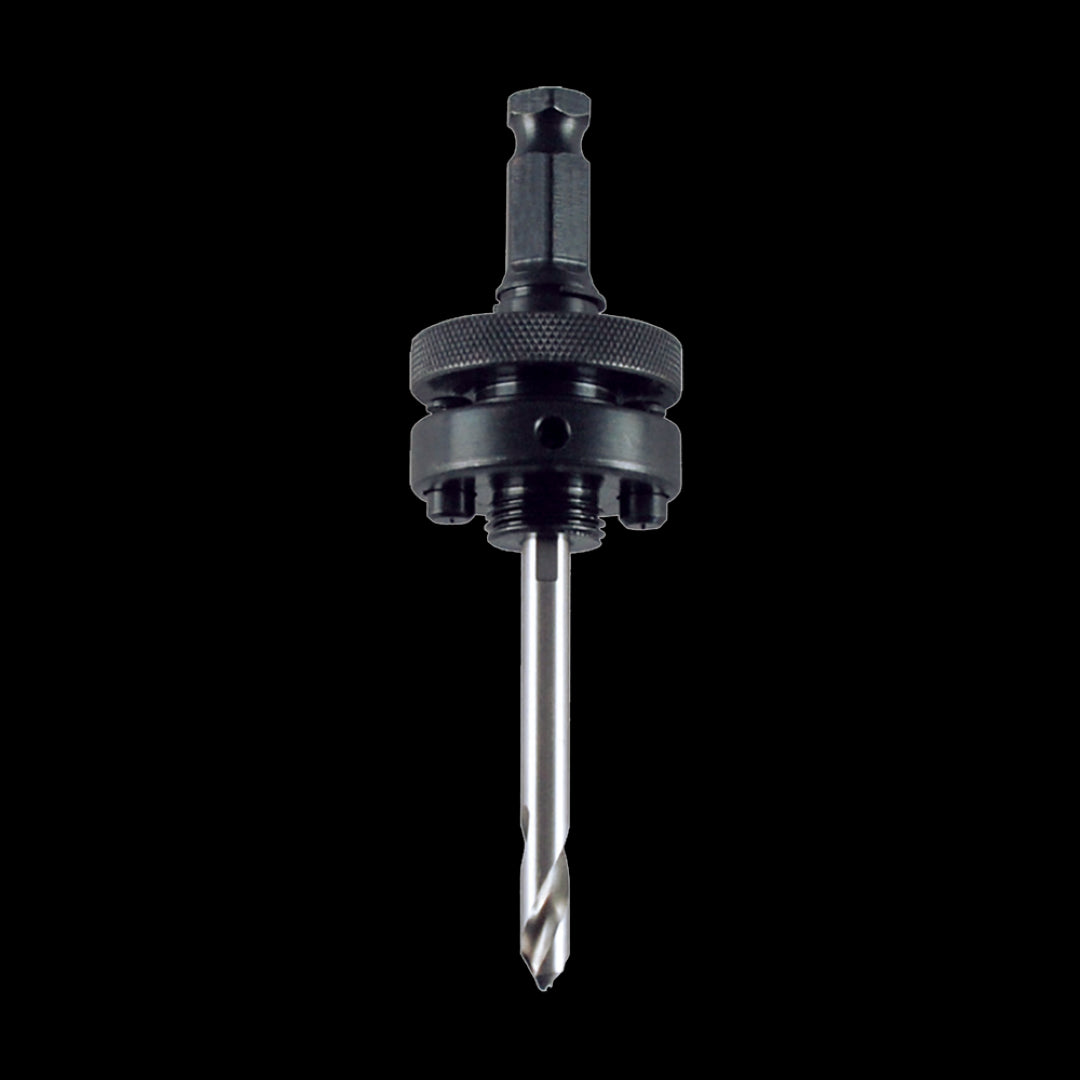 MORSE 7/16" HEX holesaw arbor with dual lock pins, designed for precise drilling in wood, metal, and composites.