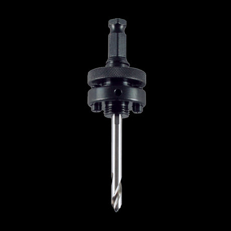MORSE 7/16" HEX holesaw arbor with dual lock pins, designed for precise drilling in wood, metal, and composites.