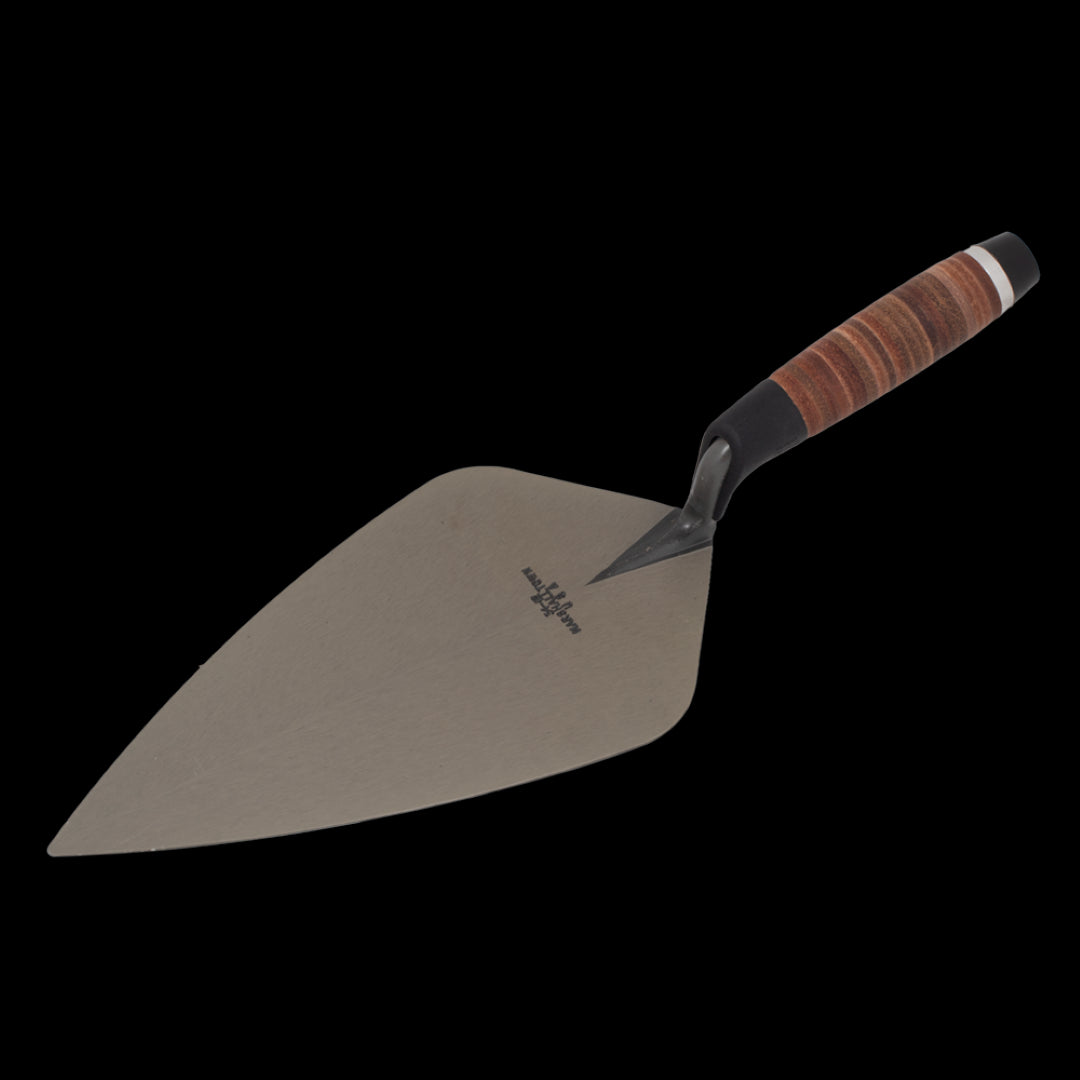 MARSHALLTOWN 300mm Leather Brick Trowel with high carbon steel blade and ergonomic leather handle for optimal masonry performance.