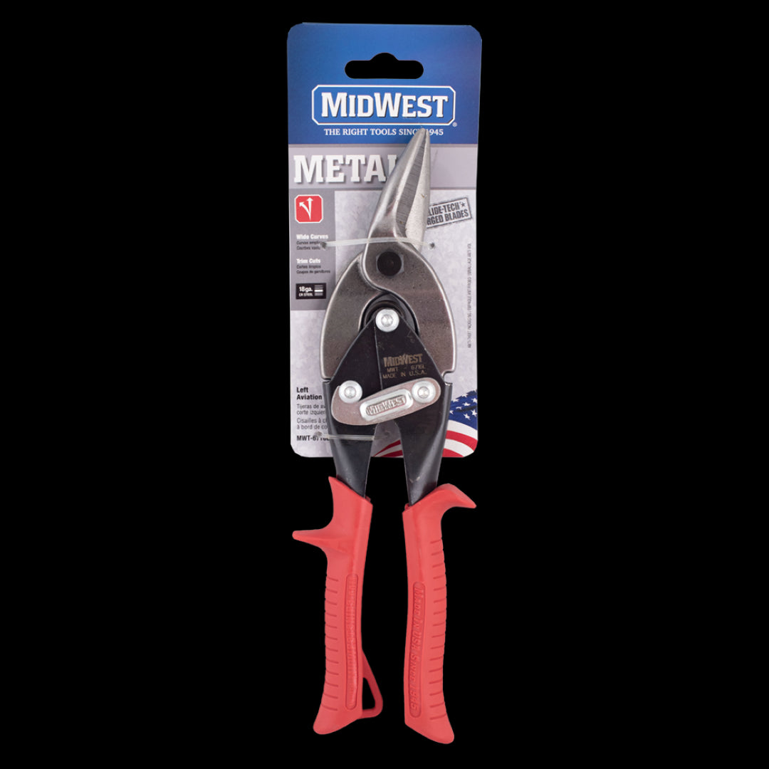 MIDWEST Left Aviation Snip with GLIDETECH blades for precise metal cutting and KUSH handle for comfort and grip.