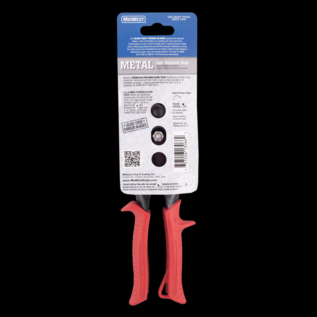 MIDWEST Left Aviation Snip with GLIDETECH blades for precise cutting of metal, featuring KUSH handle for comfort and grip.