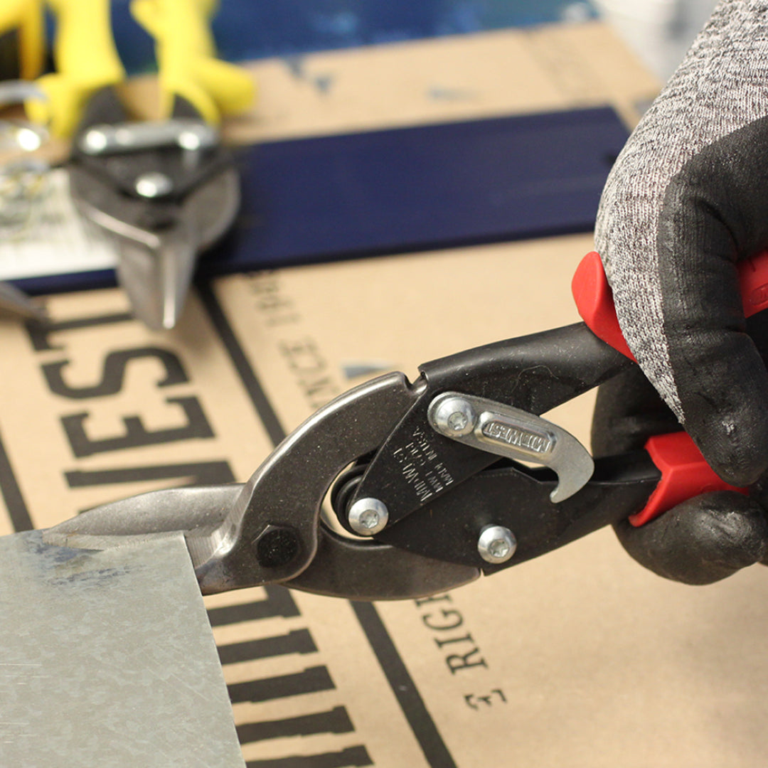 MIDWEST Left Aviation Snip with GLIDETECH forged blades for precision cutting metal, featuring a comfortable KUSH handle.