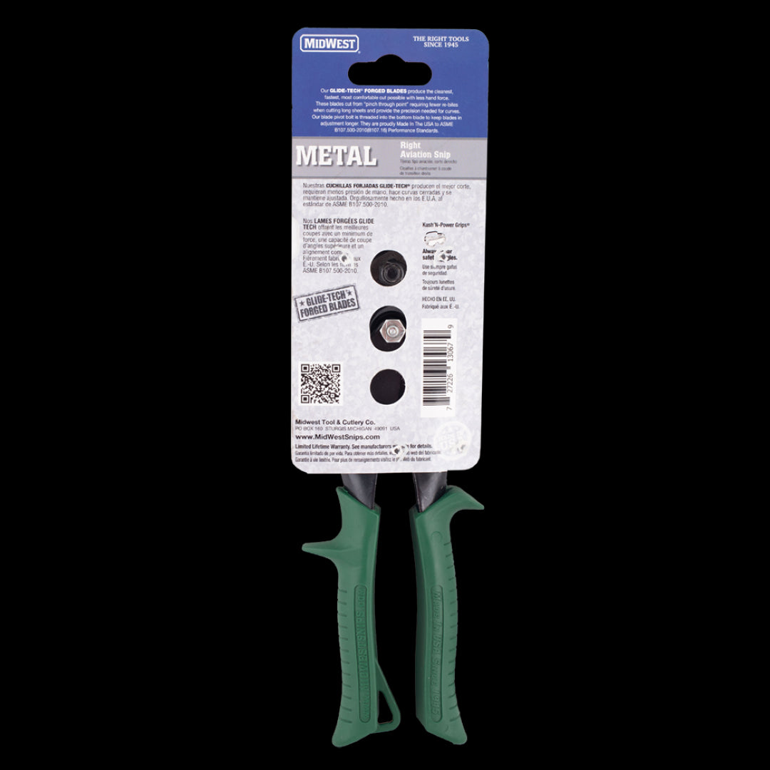 MIDWEST Right Aviation Snip featuring GLIDETECH forged blades for precise metal cutting and a comfortable grip for left-handed users.