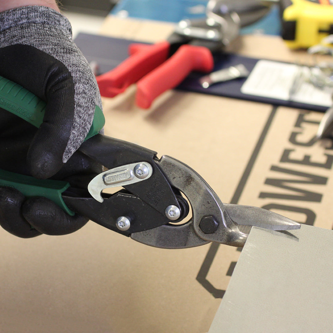 MIDWEST Right Aviation Snip designed for precise metal cutting, featuring durable forged blades and a comfortable grip for left-handed users.