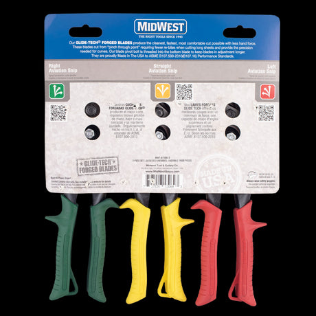 MIDWEST Aviation Snips Set featuring forged blades, ergonomic handles, and left, right, and straight cut options for versatile cutting.