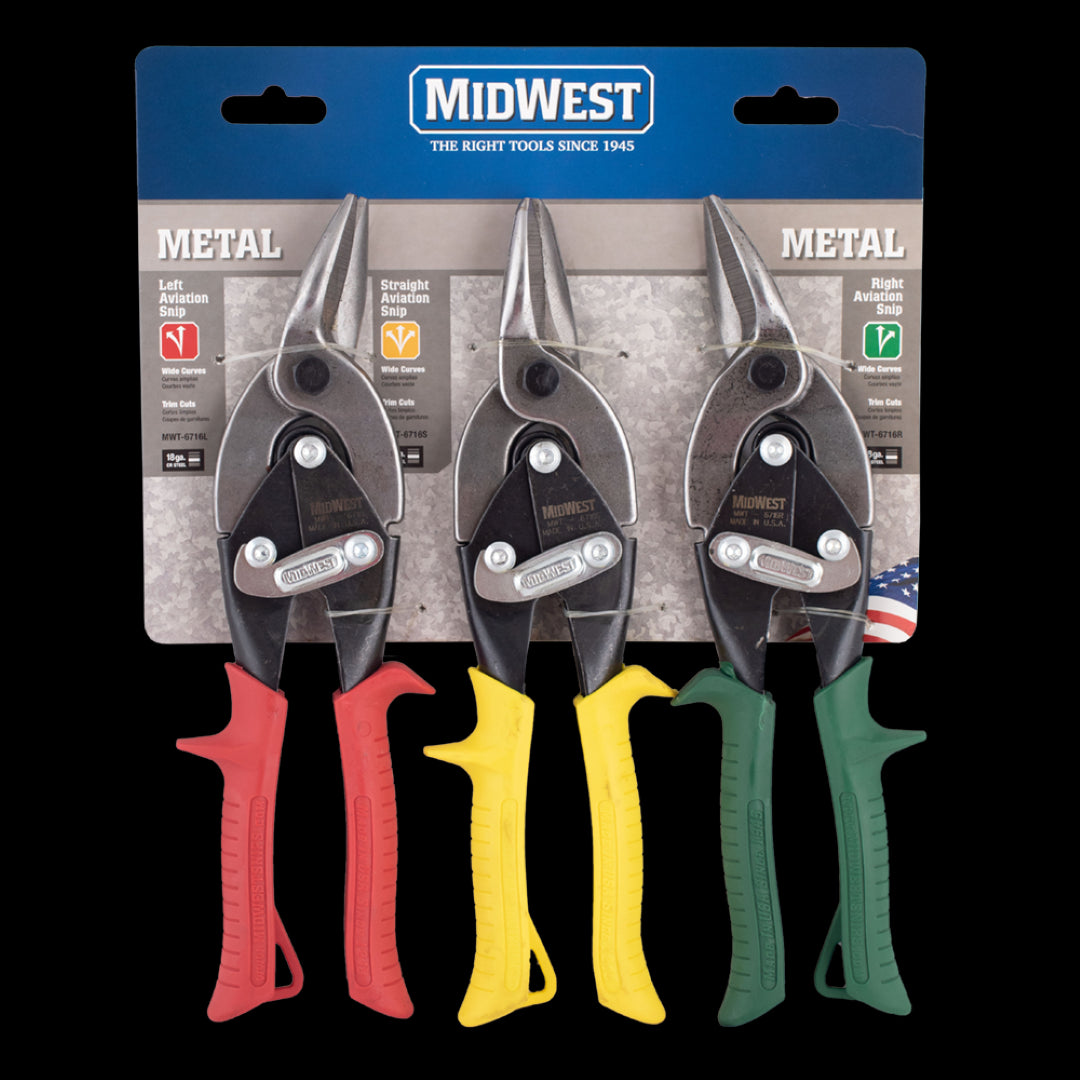 MIDWEST Aviation Snips Set - 3-piece snip set with left, right, and straight cut options for precise trimming of sheet materials.