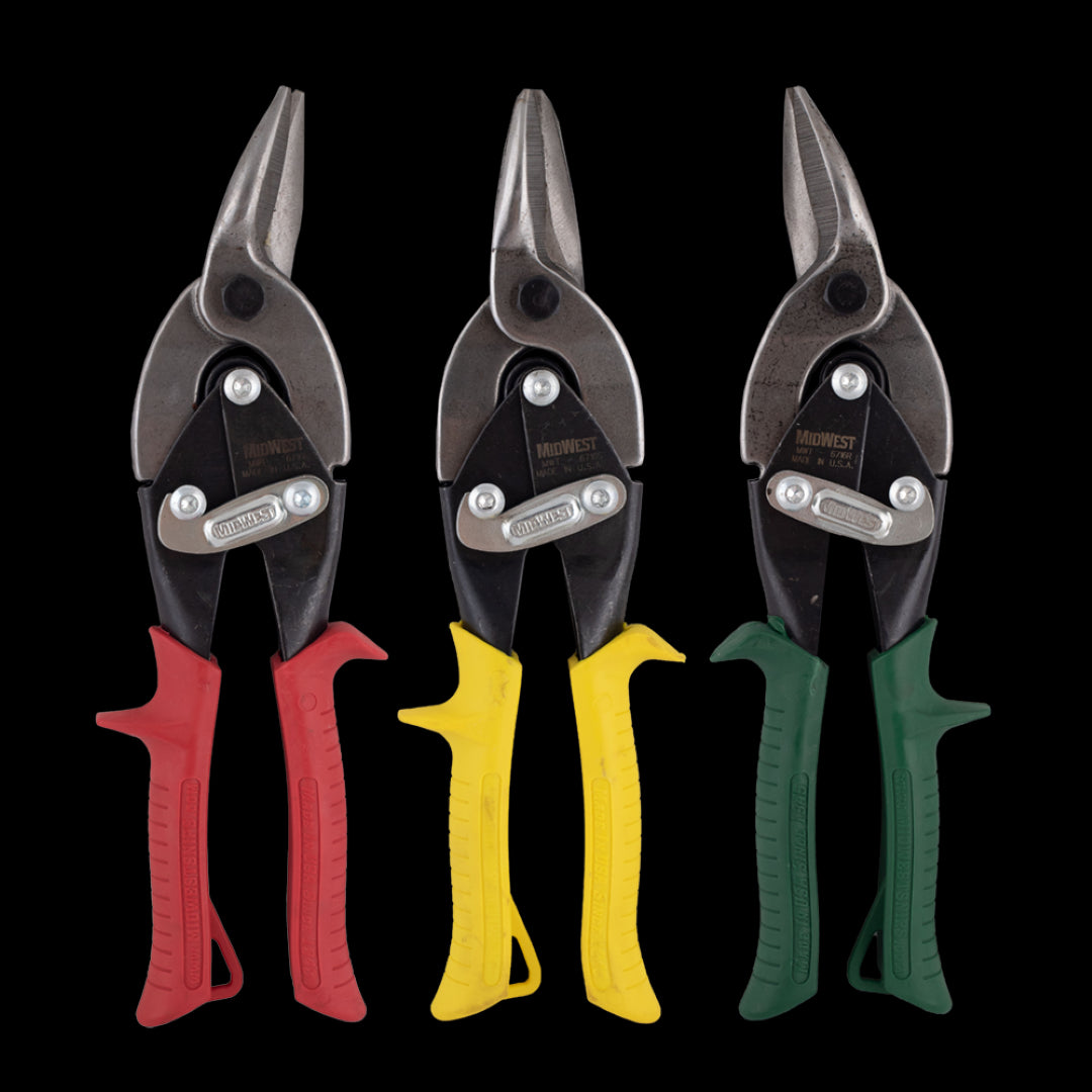 MIDWEST Aviation Snips Set: 3-piece toolkit with Left, Right, and Straight Cut snips for precise sheet metal trimming.