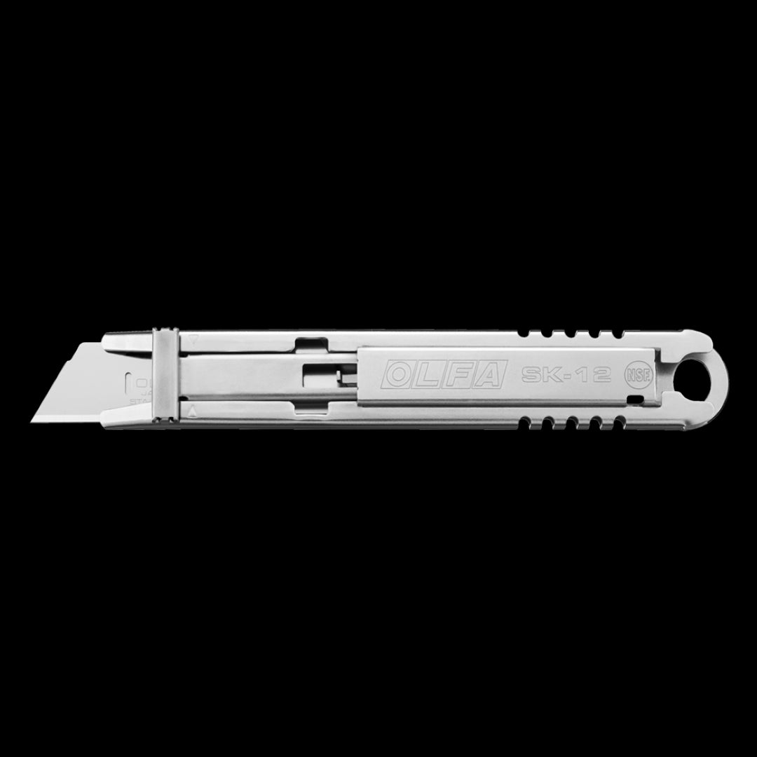 OLFA All Stainless Steel Self Retractable Knife featuring a safety blade mechanism, NSF approved for hygiene in various environments.