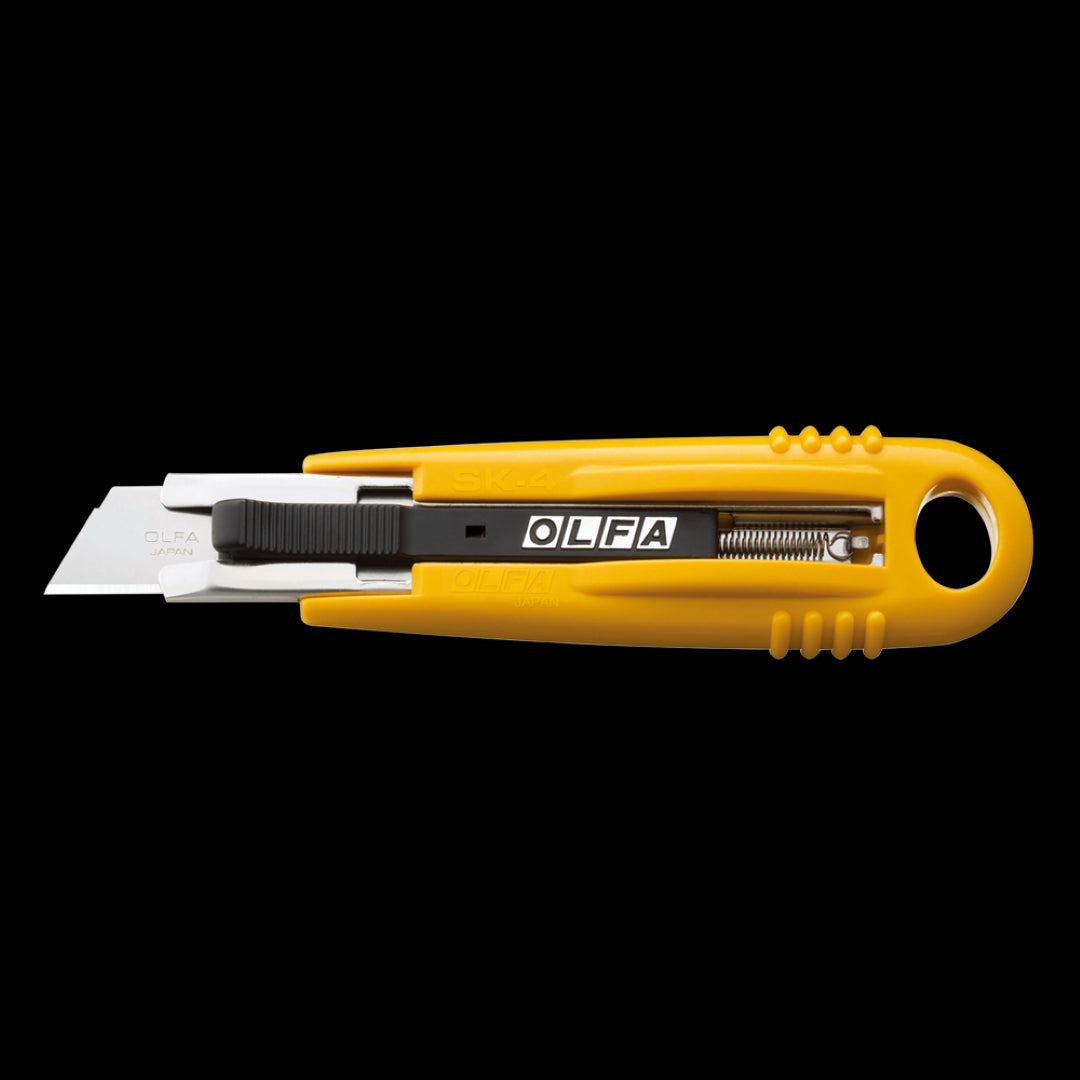 OLFA Self Retracting Safety Knife with auto-retracting blade, designed for safety, comfort, and eco-friendliness in cutting tasks.