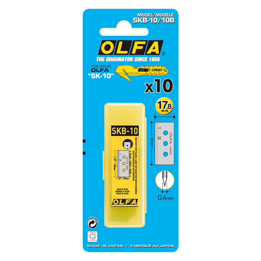 10 pack of OLFA stretch wrap cutter replacement blades for precise, durable cuts in packaging applications.