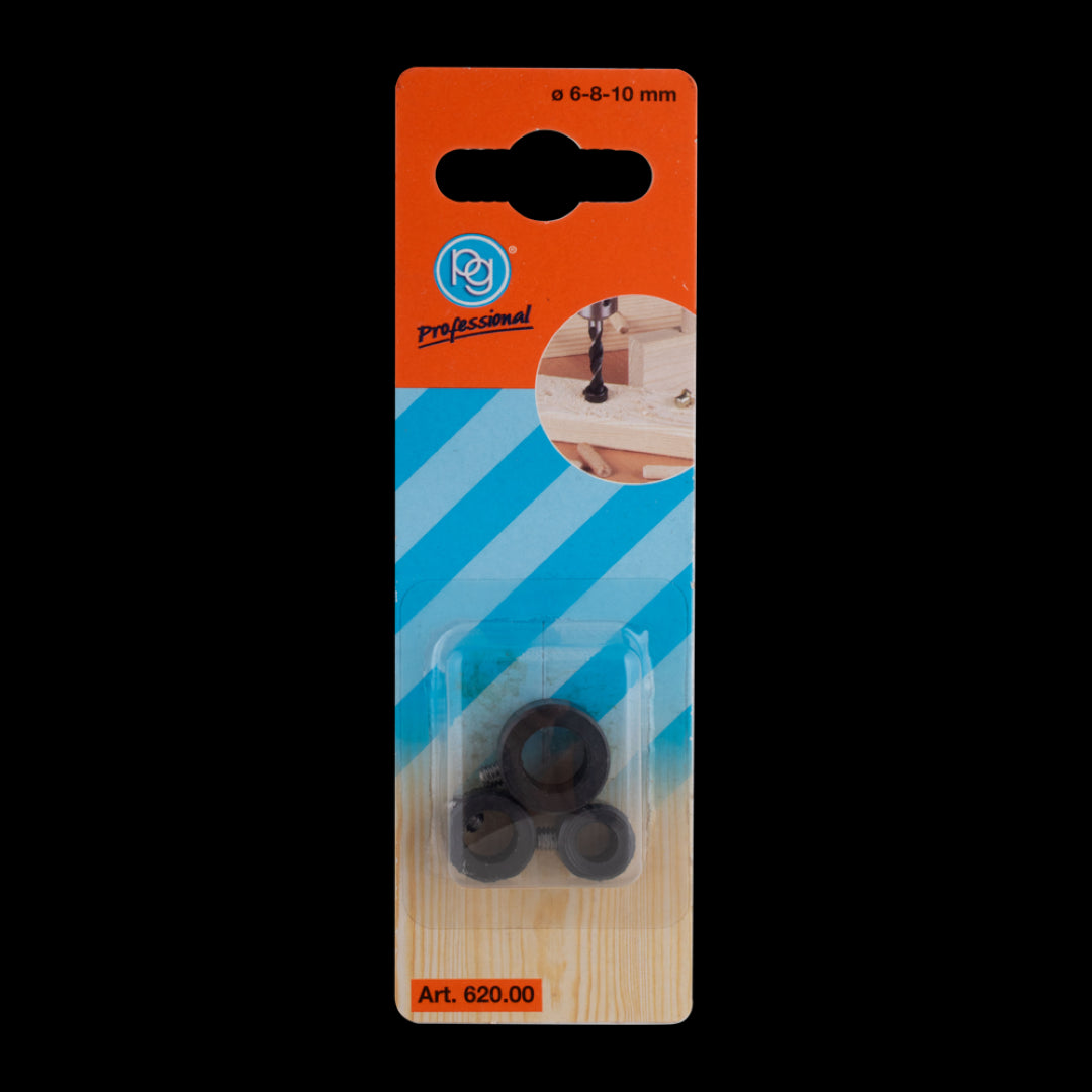 PG Professional 3pc Depth Stop Ring Set for precise drilling depths, includes 6mm, 8mm, and 10mm rings for woodworking tasks.