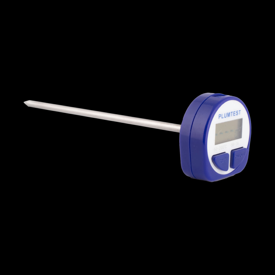 PLUMTEST Digital Thermometer with stainless steel probe, measuring -50 to 200°C, features auto shut-off and large display.