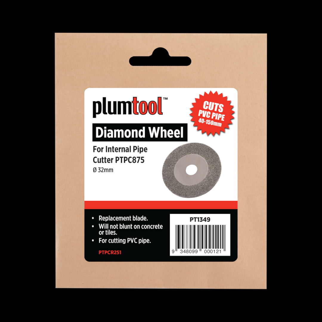 PLUMTOOL Replacement Diamond Wheel for precise cutting of PVC pipes, compatible with PTPC875, durable and versatile for plumbing tasks.