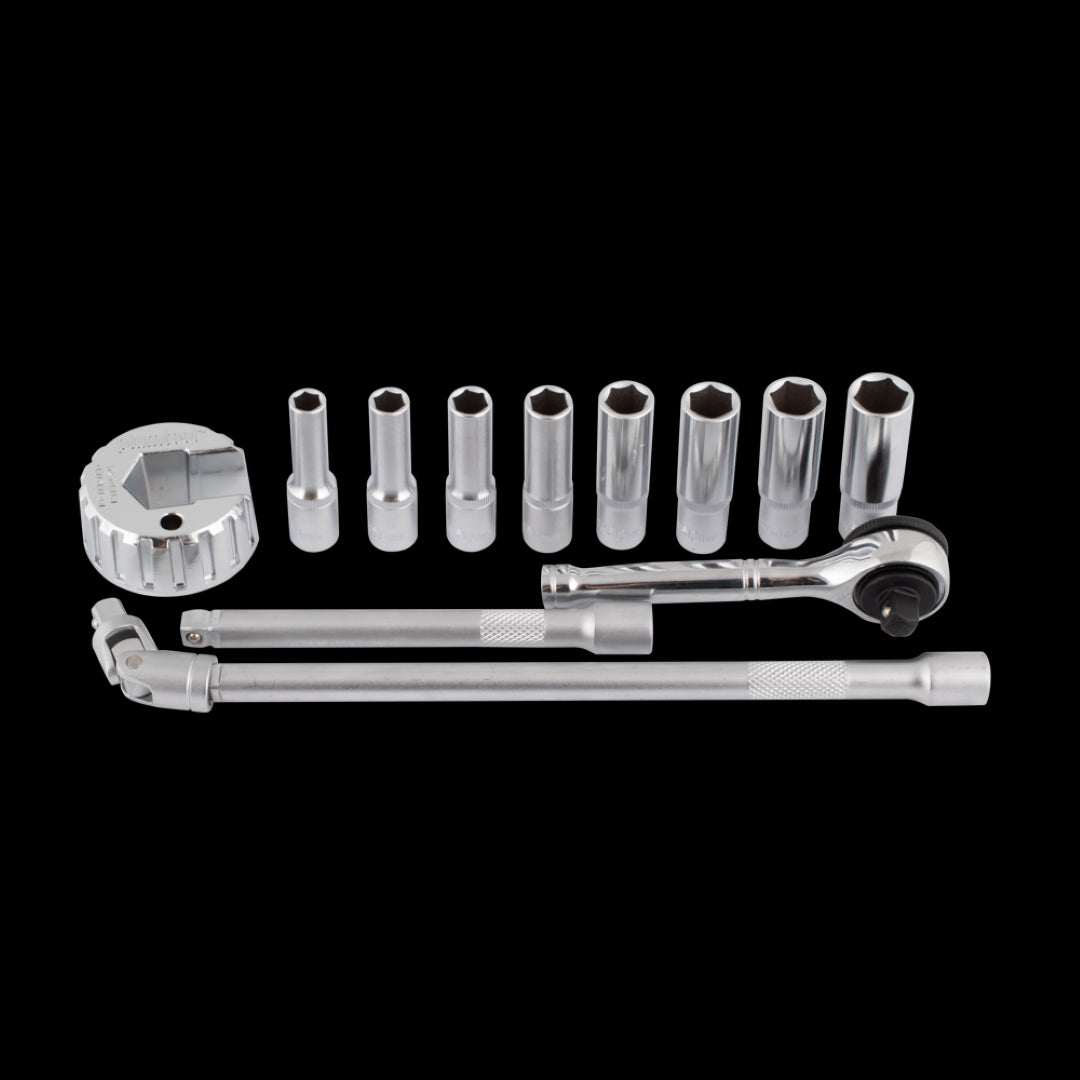 PLUMTOOL Mixer Tap Socket Set in a steel case, a 13-piece set for efficient mixer tap installations and replacements.