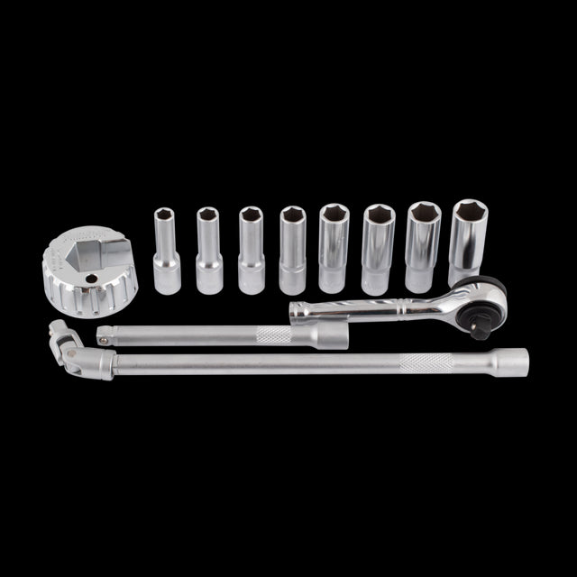 PLUMTOOL Mixer Tap Socket Set in a steel case, a 13-piece set for efficient mixer tap installations and replacements.