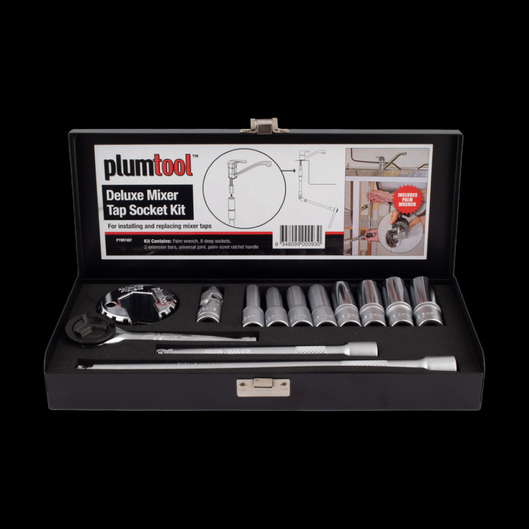 PLUMTOOL Mixer Tap Socket Set in a steel case, ideal for easy installation and replacement of hard-to-reach mixer tap nuts.