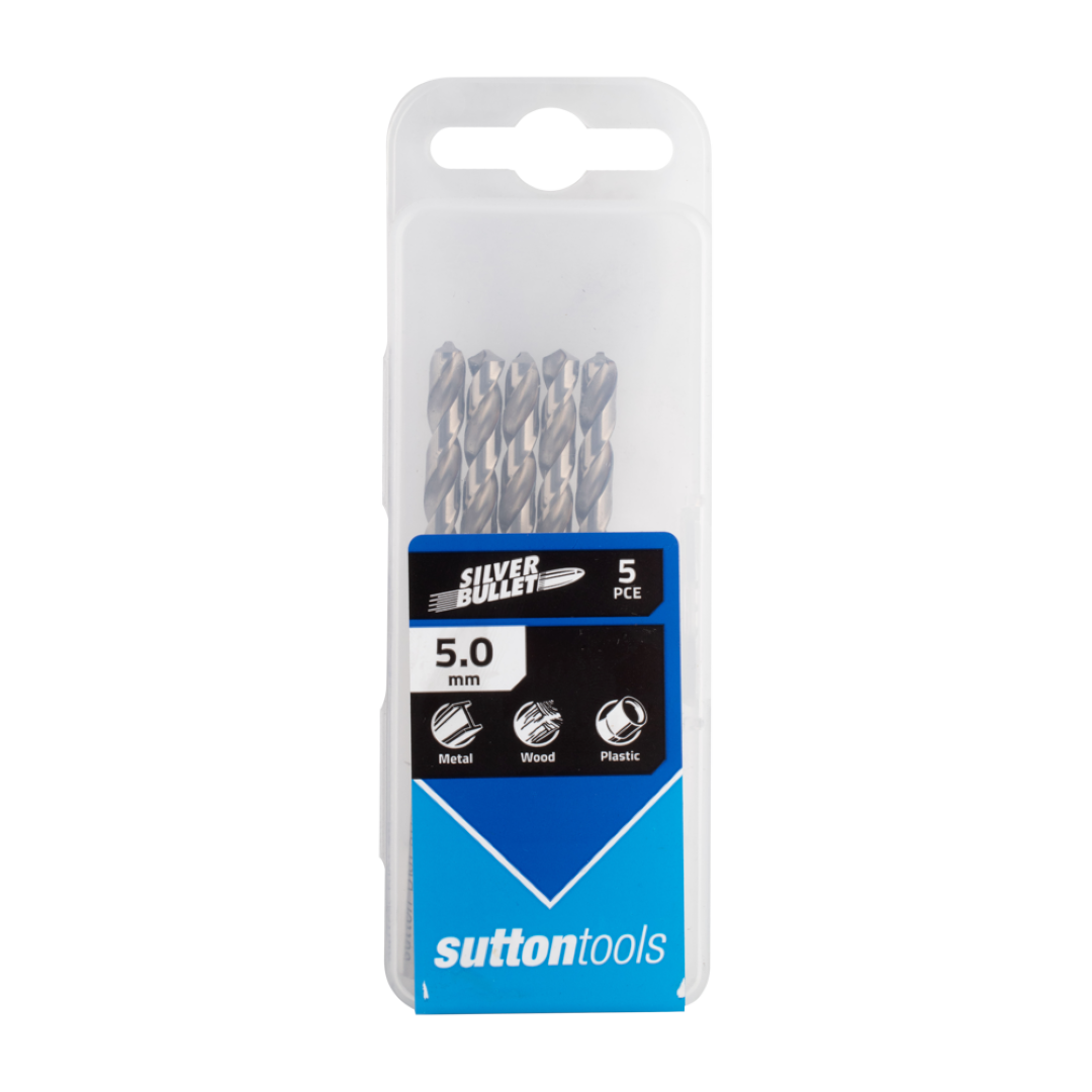 Sutton HSS Drill Bit 5-pack for precise drilling in steel, wood, and plastics, featuring a 118° point design.