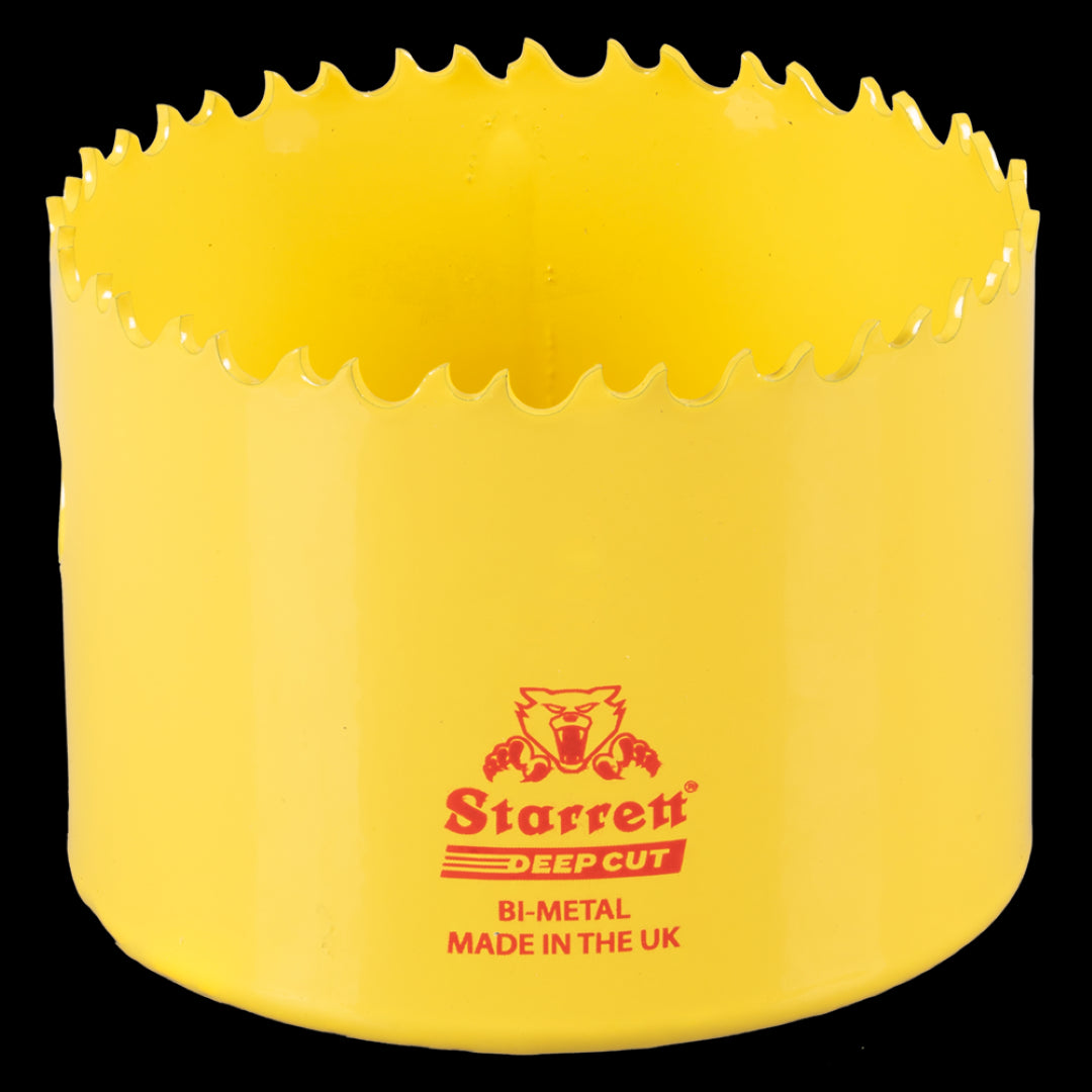 STARRETT 79mm Deep Cut Holesaw with HSS teeth for sharp, durable cutting in wood, metal, and steel, 2" depth, shatter-resistant design.