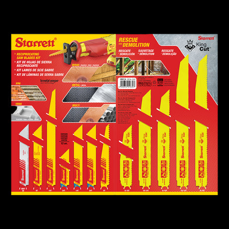 STARRETT 12pc reciprocating blade kit for versatile cutting of wood, metal, and more with exceptional durability and precision.