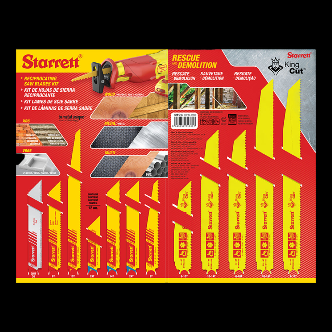 STARRETT 12pc reciprocating blade kit for versatile cutting of wood, metal, and more with exceptional durability and precision.