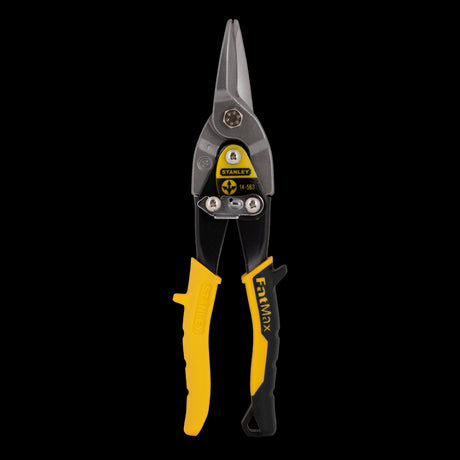 STANLEY Yellow Aviation Snip for precise straight cuts in metal and fabric, featuring ergonomic design and durable stainless steel blades.