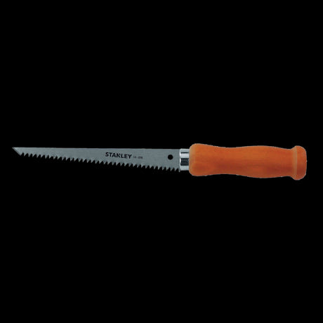 STANLEY Wood Handle Wallboard Saw with a 12-inch blade for precise drywall cutting and an ergonomic wood grip.