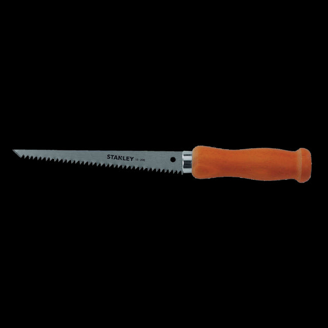 STANLEY Wood Handle Wallboard Saw with a 12-inch blade for precise drywall cutting and an ergonomic wood grip.