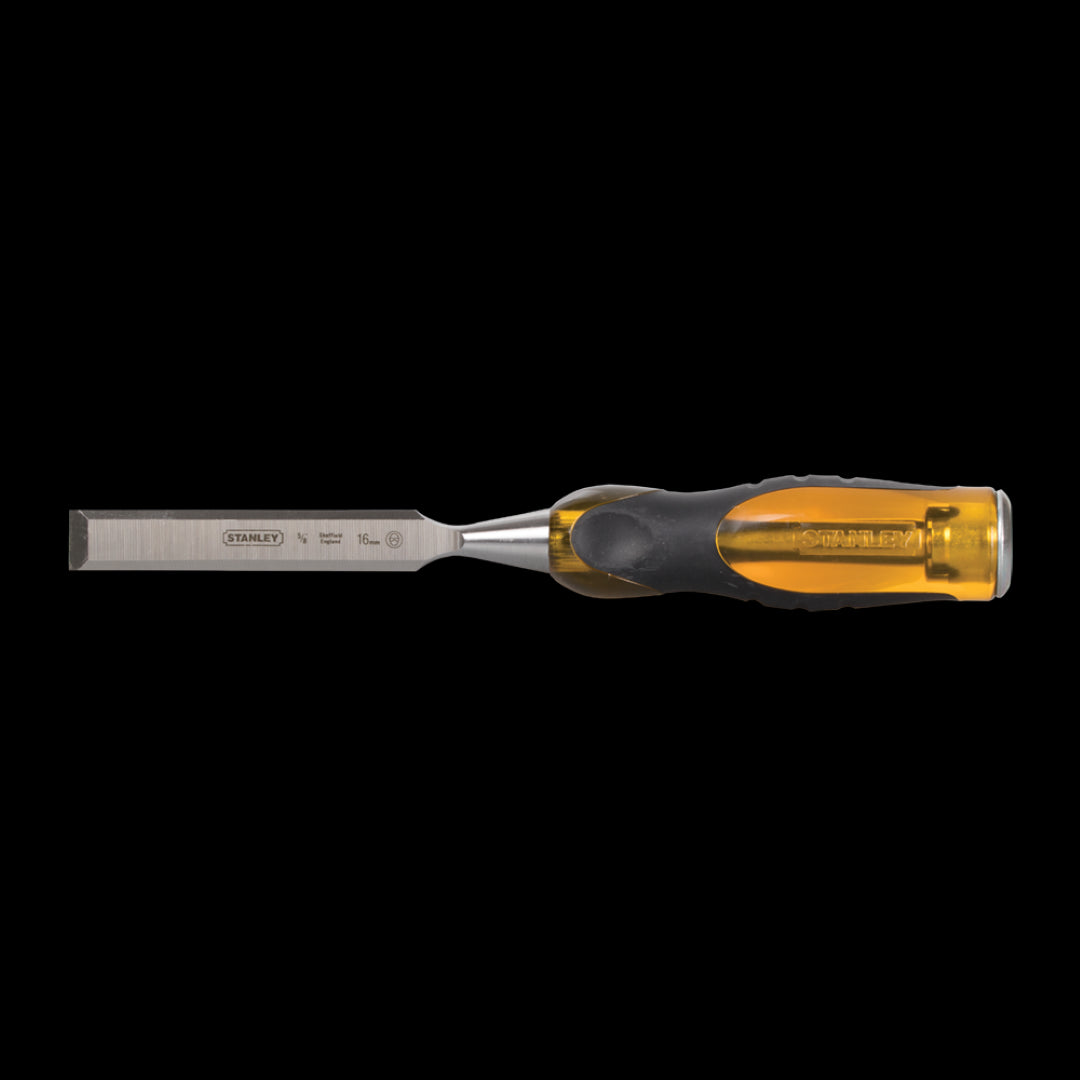 STANLEY 16mm Dyna Grip Chisel with ergonomic handle, steel striking cap, and sharp bevel-edged blade for precision woodworking.