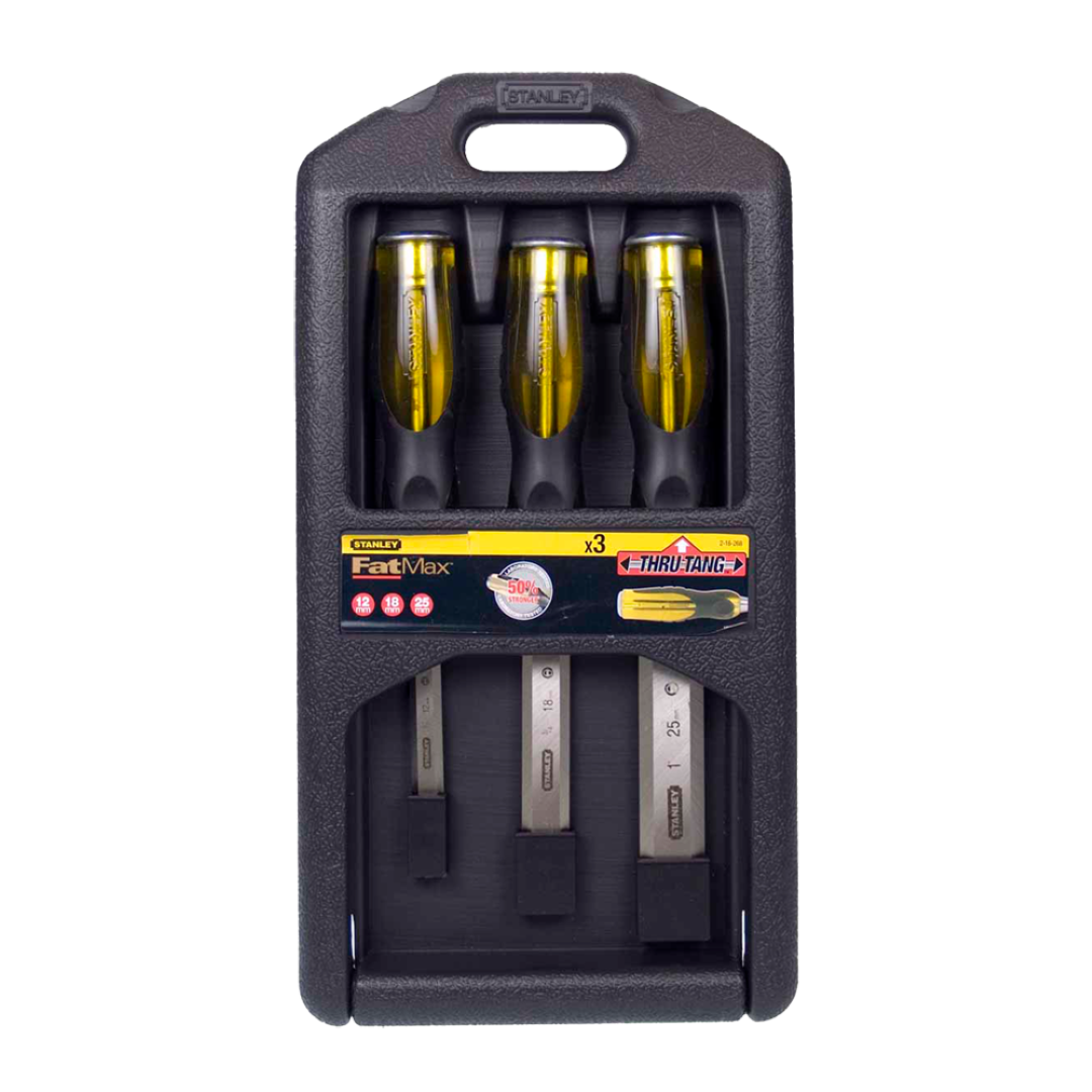 STANLEY Dyna Grip Chisel Set - 3 high-quality chisels with ergonomic handles for precision woodworking tasks.