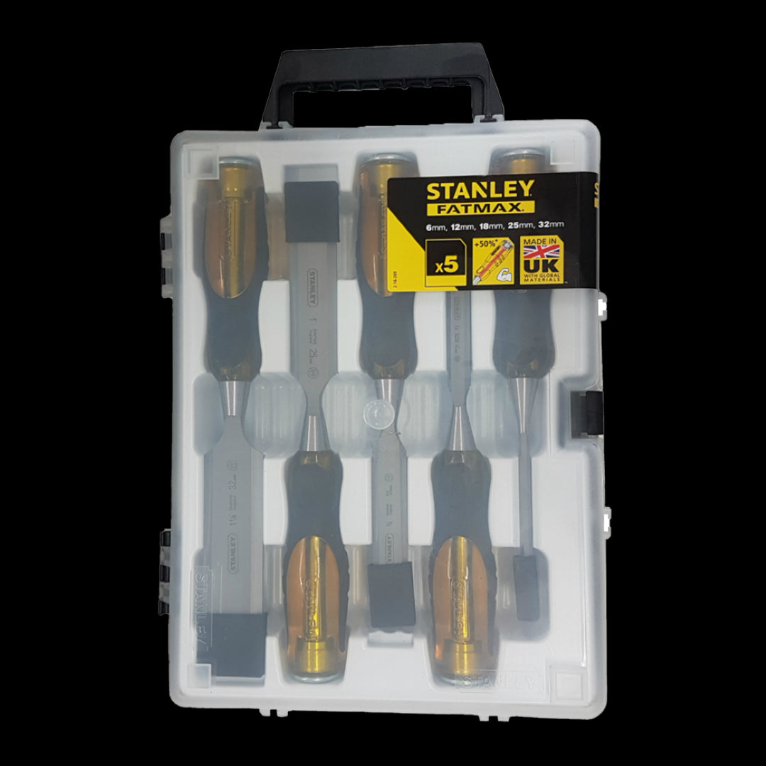 STANLEY Dyna Grip 5pc Chisel Set features high-carbon steel chisels with ergonomic handles for precise woodworking and durability.