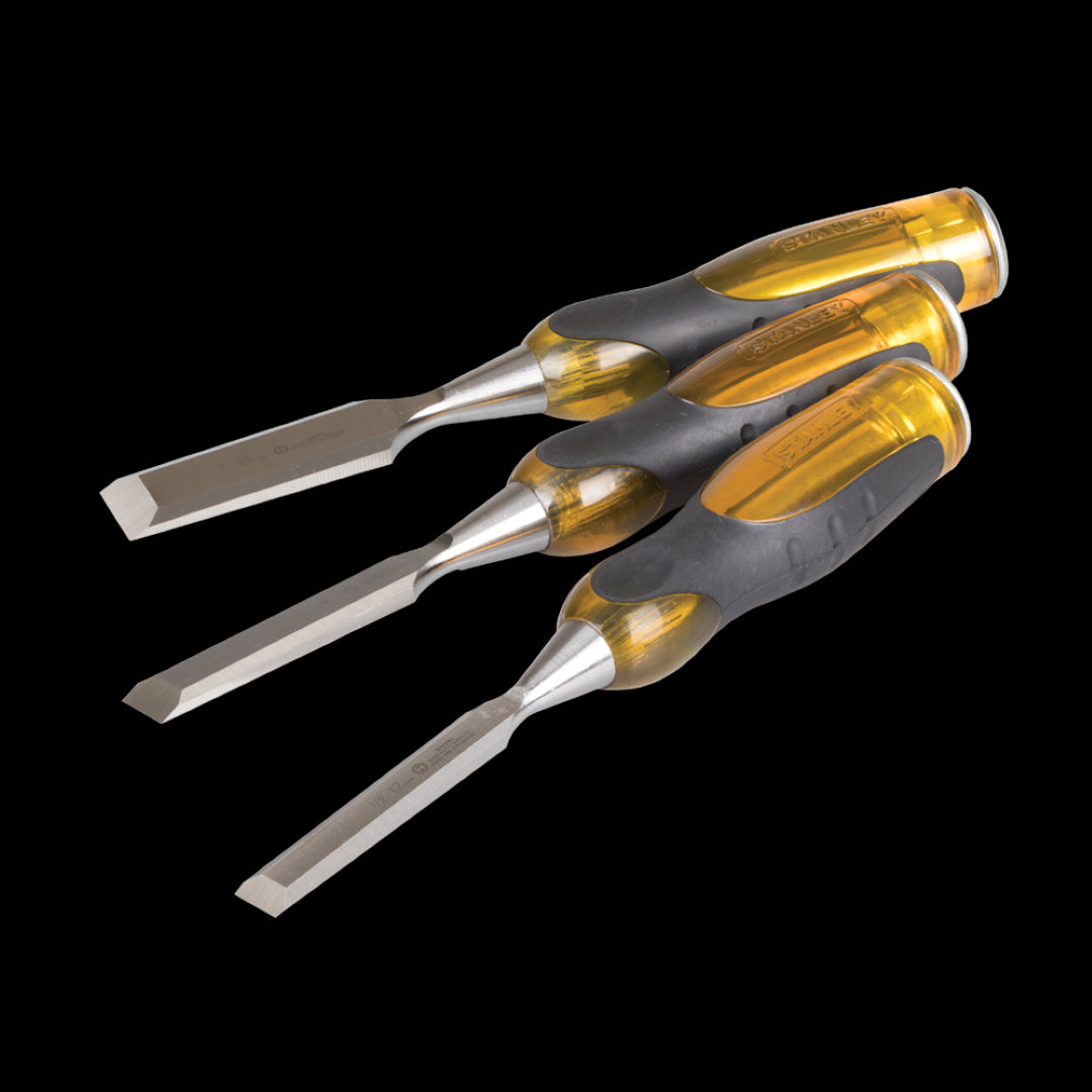 STANLEY Tangthru Butt Chisel Set - 3pc, premium chisels with razor-sharp blades and ergonomic handles for precise woodworking.
